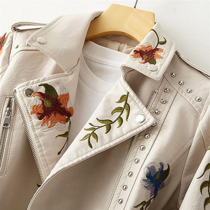 Women's Embroidered Leather Jacket with Studs