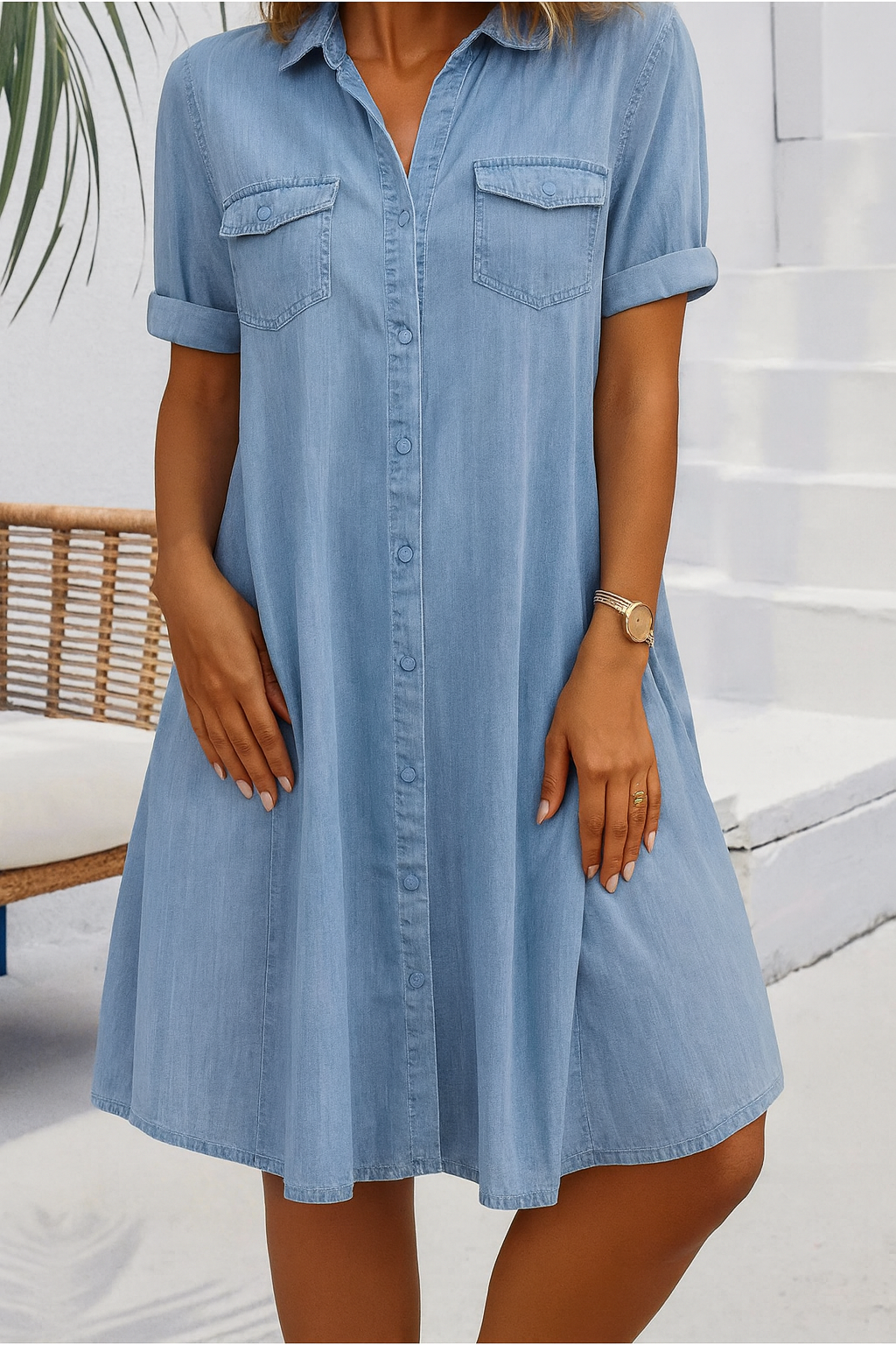 Women's Collared Dress With Front Pockets - Vonnera