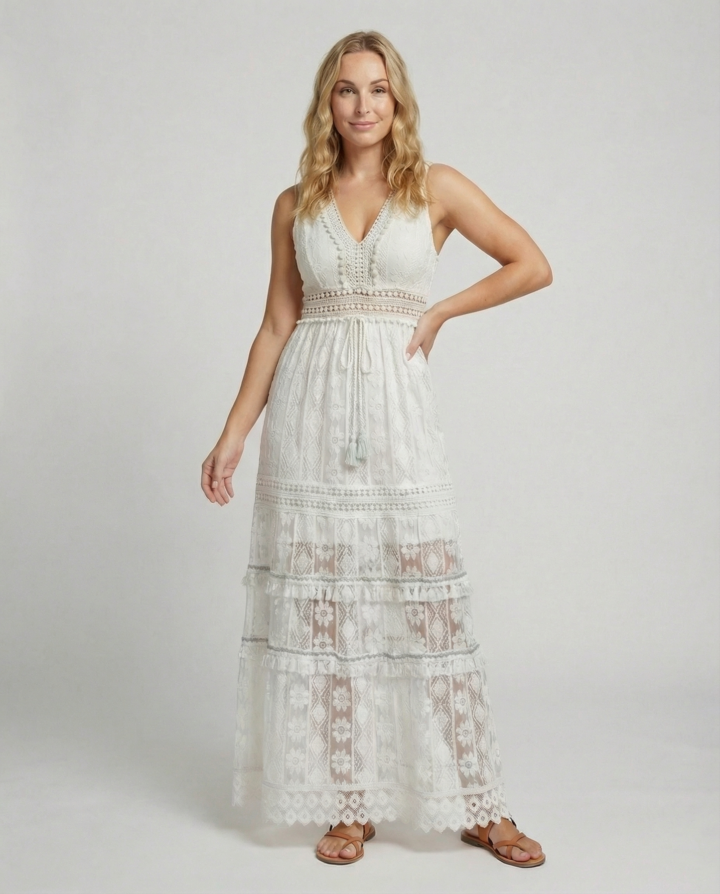 Women's Bohemian Maxi Dress Lace Tiered Tassel Waist