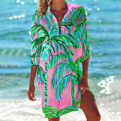 Women's Tropical Print Shirt Dress 3/4 Sleeve Beach Cover Up