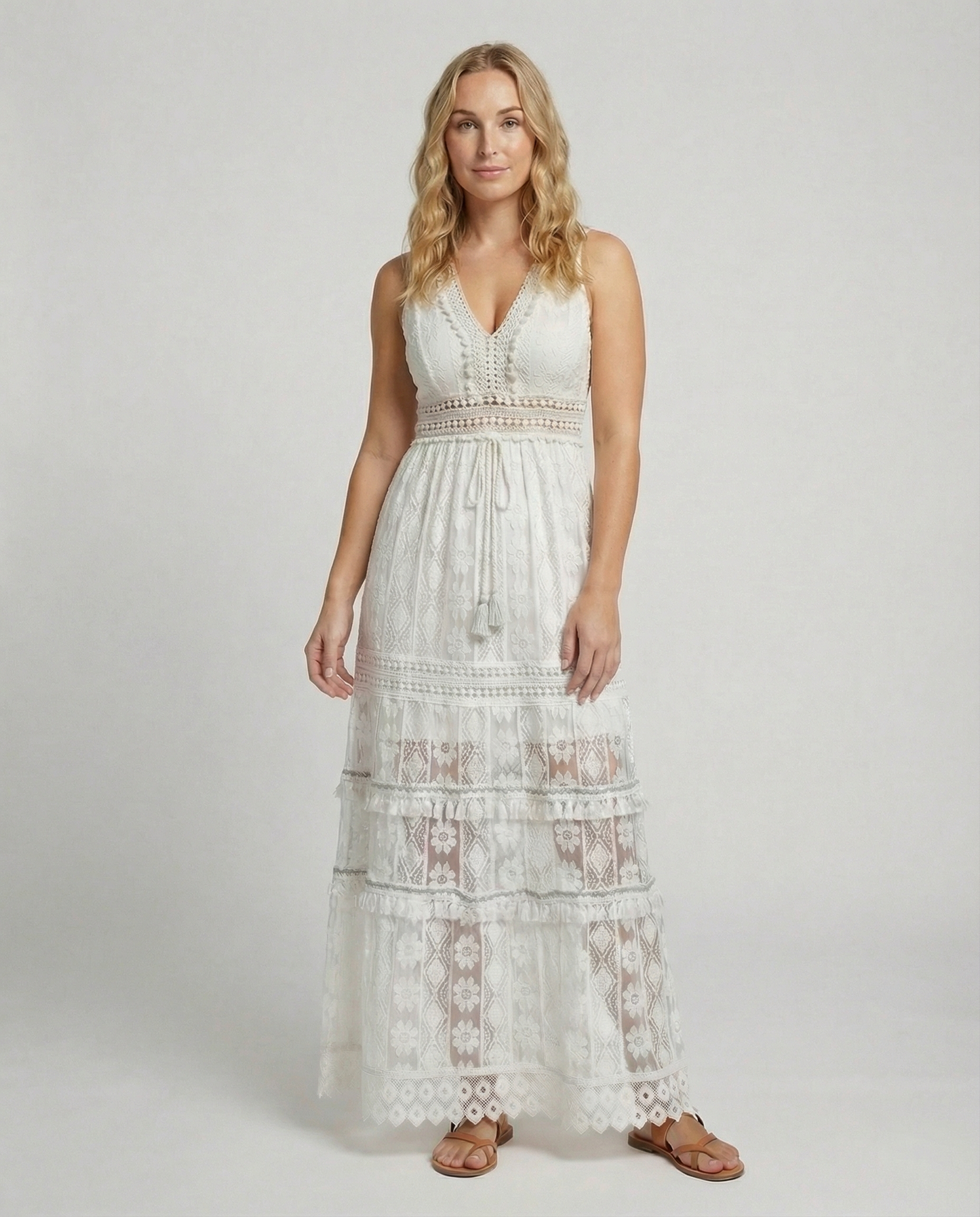 Women's Bohemian Maxi Dress Lace Tiered Tassel Waist