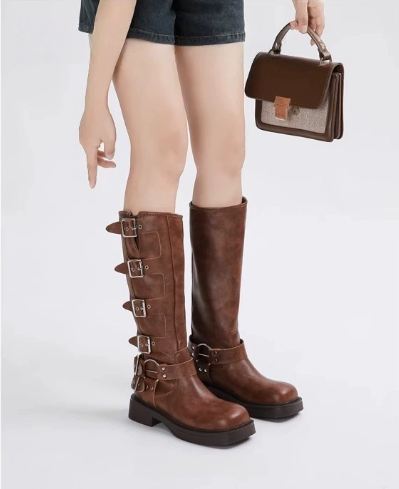 Women's Low Heel Buckle Strap Boots