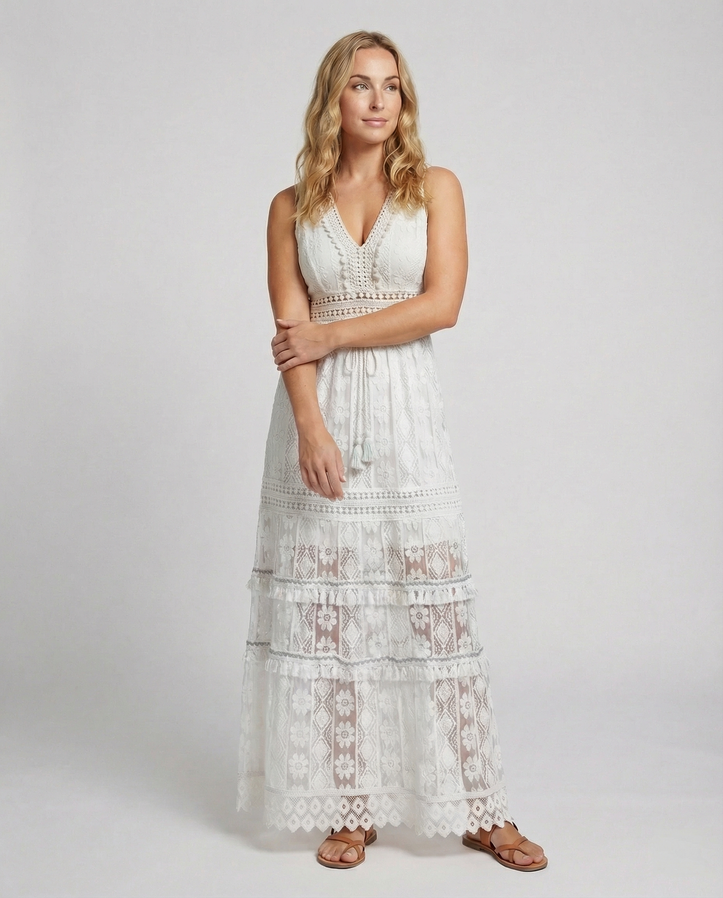 Women's Bohemian Maxi Dress Lace Tiered Tassel Waist