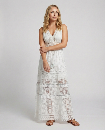 Women's Bohemian Maxi Dress Lace Tiered Tassel Waist