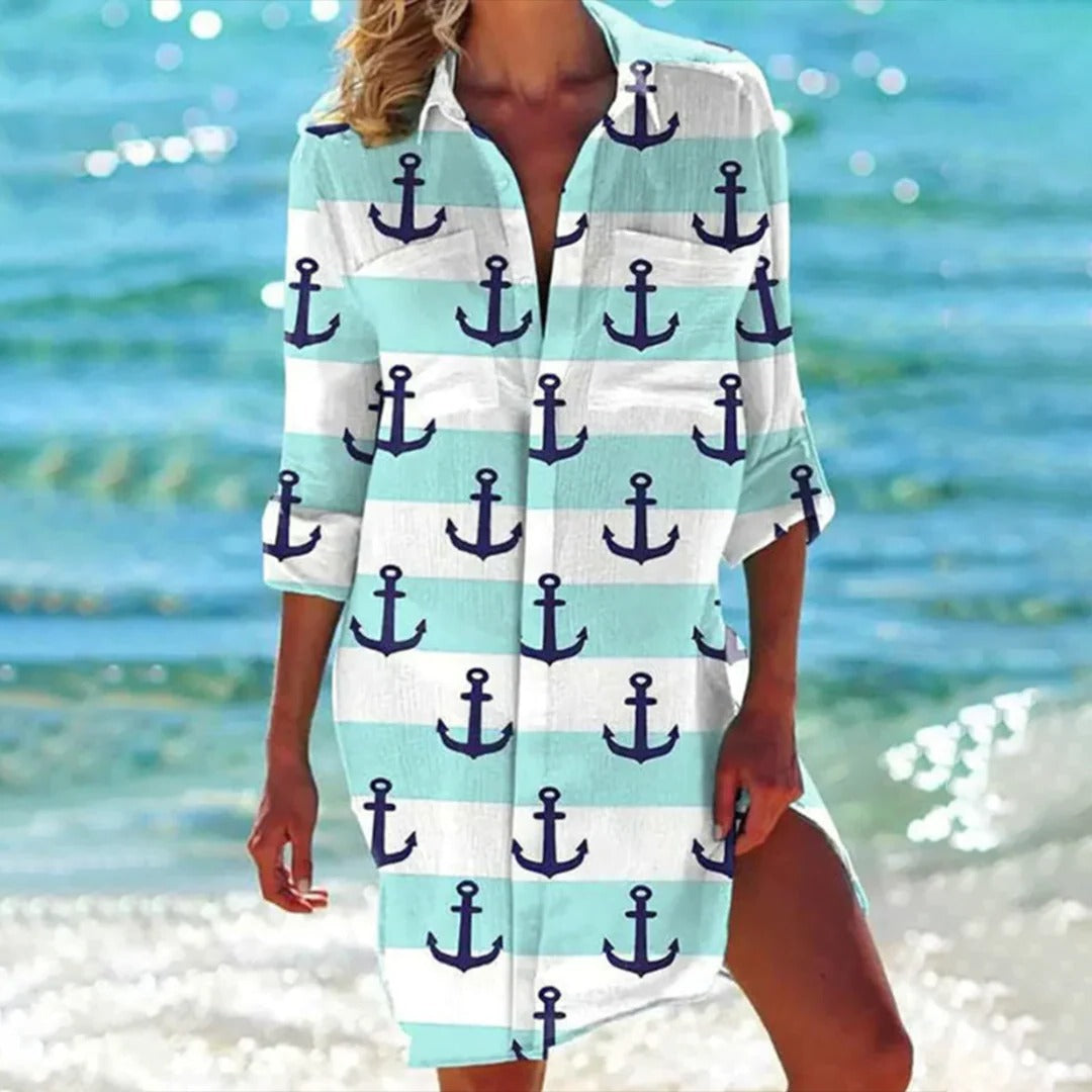 Women's Tropical Print Shirt Dress 3/4 Sleeve Beach Cover Up