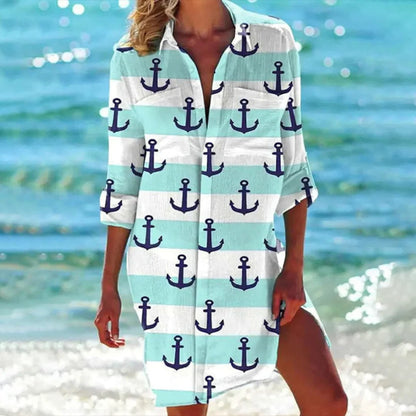 Women's Tropical Print Shirt Dress 3/4 Sleeve Beach Cover Up