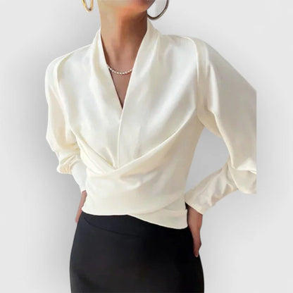 Women's V-Neck Satin Blouse Teal Long Sleeve Wrap
