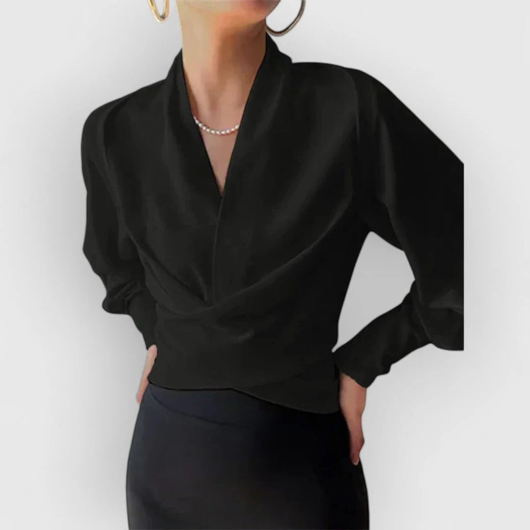 Women's V-Neck Satin Blouse Teal Long Sleeve Wrap