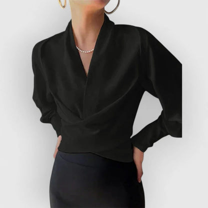 Women's V-Neck Satin Blouse Teal Long Sleeve Wrap