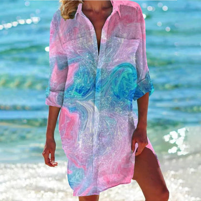Women's Tropical Print Shirt Dress 3/4 Sleeve Beach Cover Up