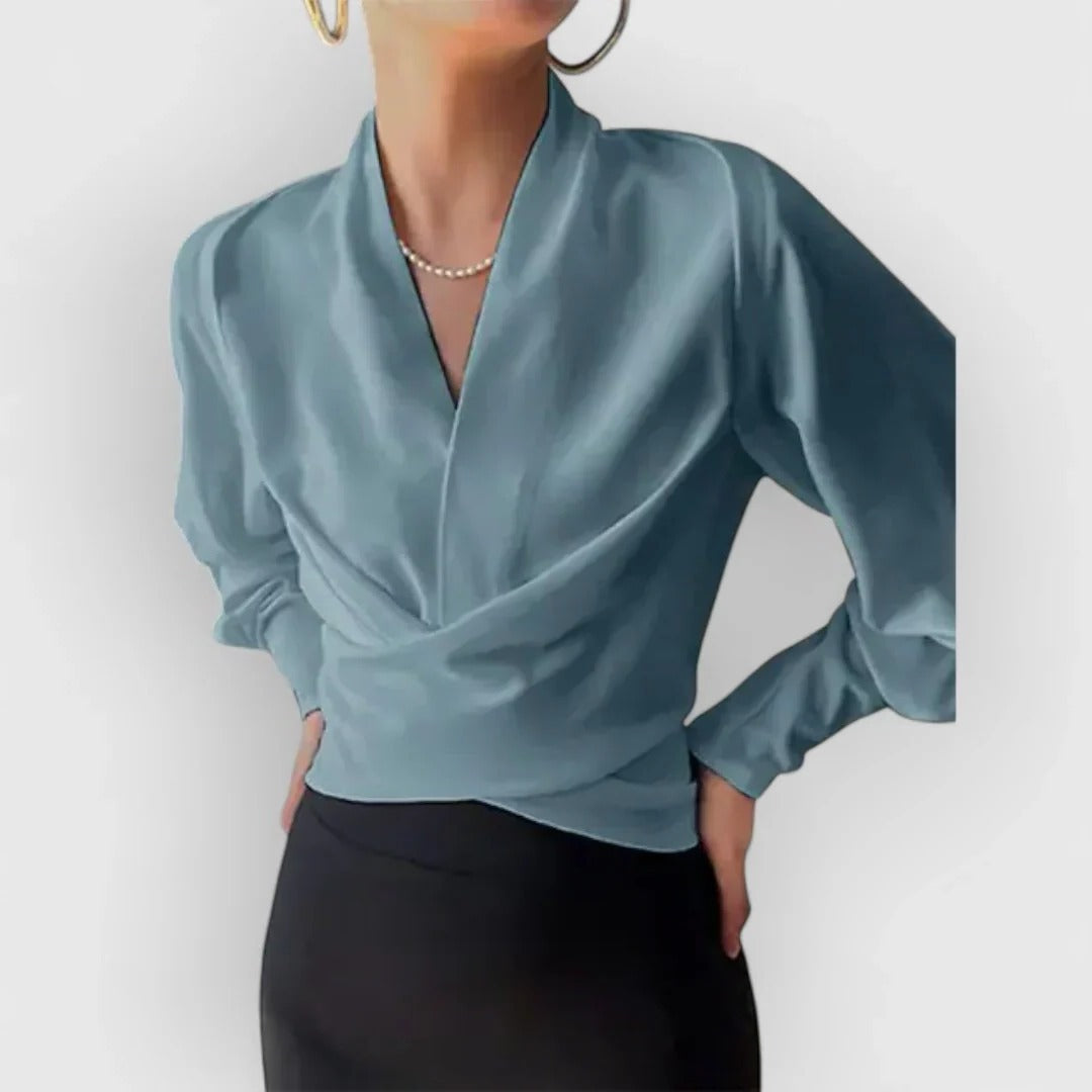 Women's V-Neck Satin Blouse Teal Long Sleeve Wrap
