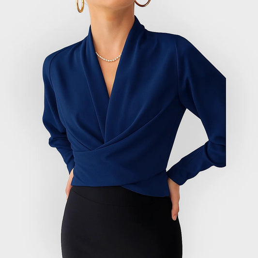 Women's V-Neck Satin Blouse Teal Long Sleeve Wrap - Vonnera