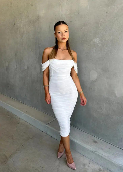 Women's Off Shoulder Bodycon Midi Dress Draped Sleeves