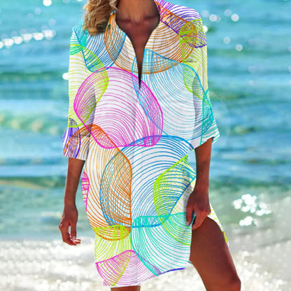 Women's Tropical Print Shirt Dress 3/4 Sleeve Beach Cover Up