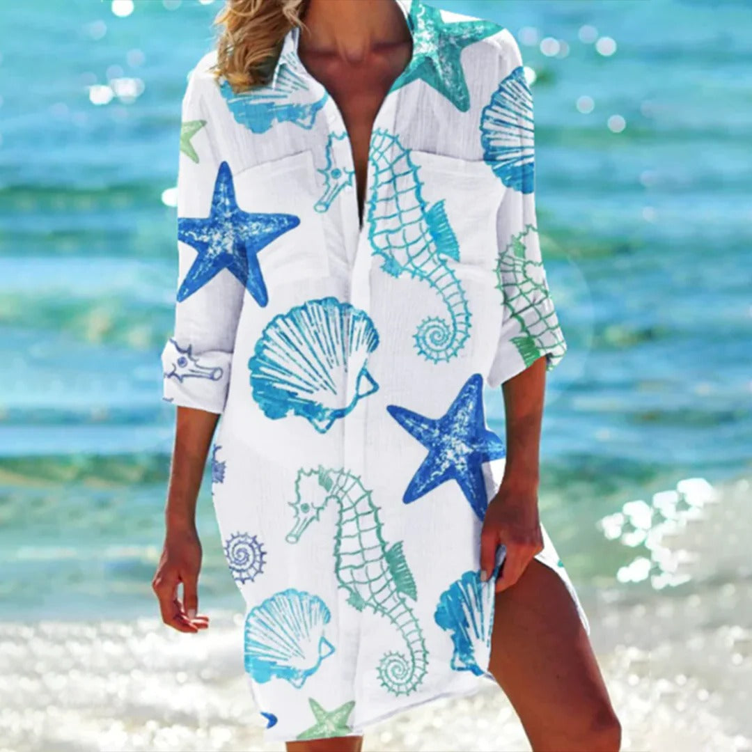 Women's Tropical Print Shirt Dress 3/4 Sleeve Beach Cover Up