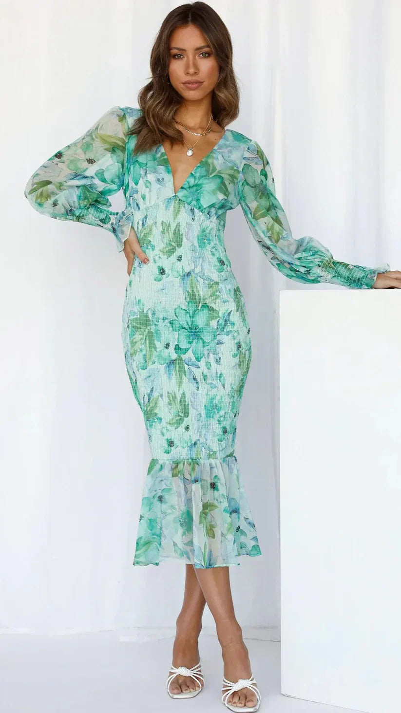 Women's Floral Evening Dress Flowy Draped