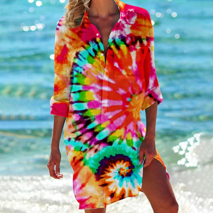 Women's Tropical Print Shirt Dress 3/4 Sleeve Beach Cover Up