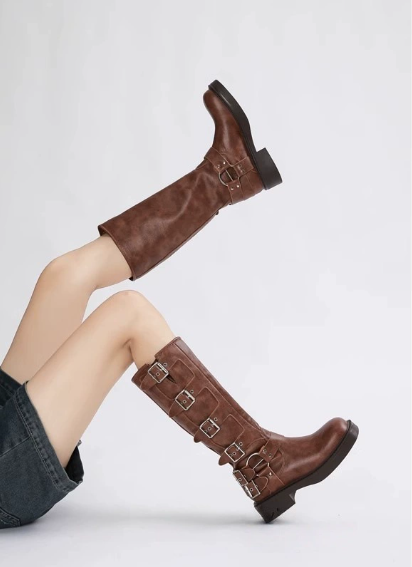 Women's Low Heel Buckle Strap Boots