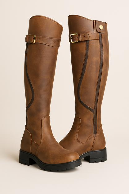 Women's Knee-High Boots Buckle Strap Lug Sole - Vonnera