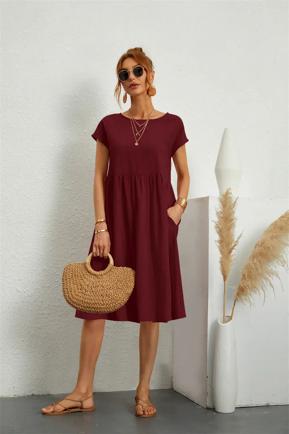 Women's Midi Dress Gathered Waist Casual