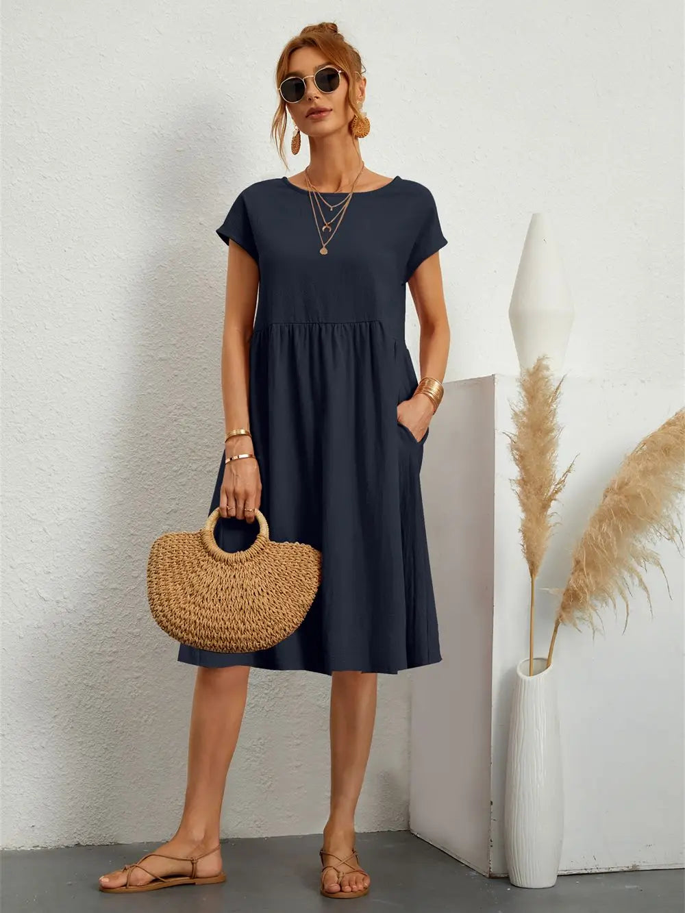 Women's Midi Dress Gathered Waist Casual