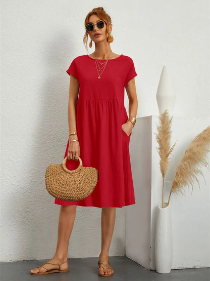 Women's Midi Dress Gathered Waist Casual