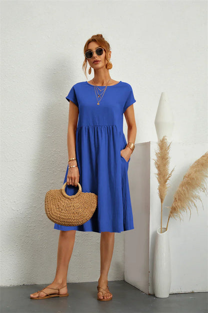 Women's Midi Dress Gathered Waist Casual