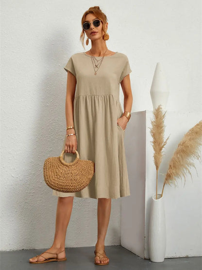 Women's Midi Dress Gathered Waist Casual