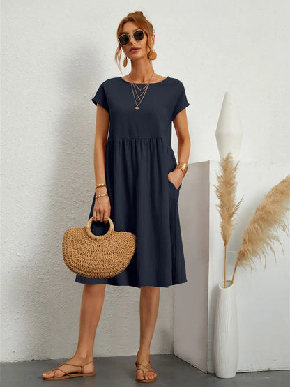 Women's Midi Dress Gathered Waist Casual