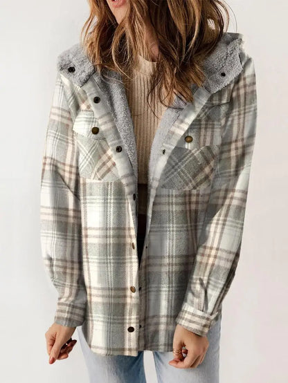 Women's Plaid Hooded Button Down Jacket