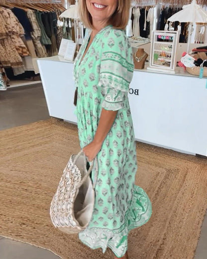 Women's Boho Maxi Dress Ruffle Sleeves Tiered
