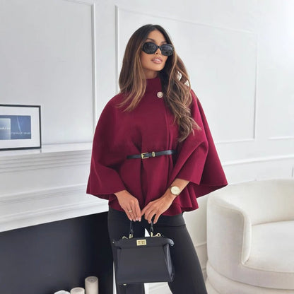 Women's High Neck Cape Coat Belted Waist Wool Black - Vonnera