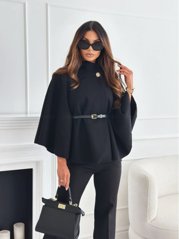 Women's High Neck Cape Coat Belted Waist Wool Black