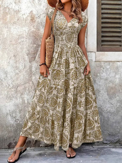 Women's Boho Maxi Dress Smocked Tiered Print - Vonnera
