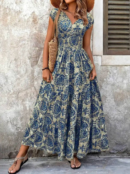 Women's Boho Maxi Dress Smocked Tiered Print