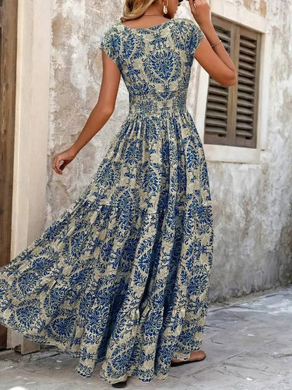 Women's Boho Maxi Dress Smocked Tiered Print