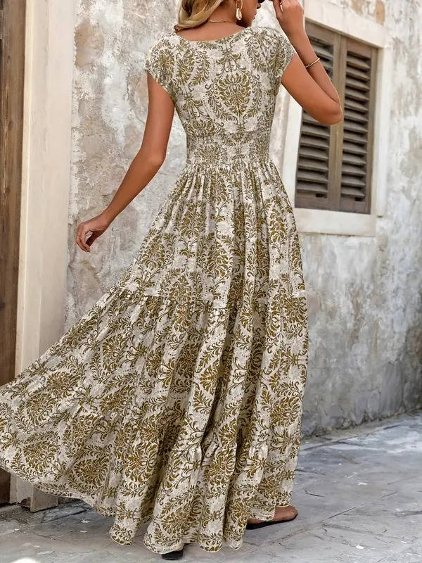Women's Boho Maxi Dress Smocked Tiered Print