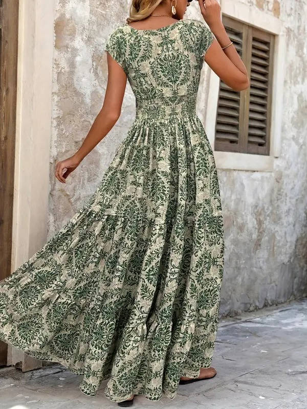Women's Boho Maxi Dress Smocked Tiered Print
