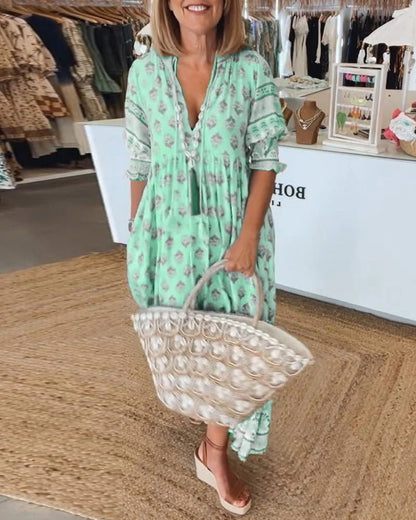 Women's Boho Maxi Dress Ruffle Sleeves Tiered