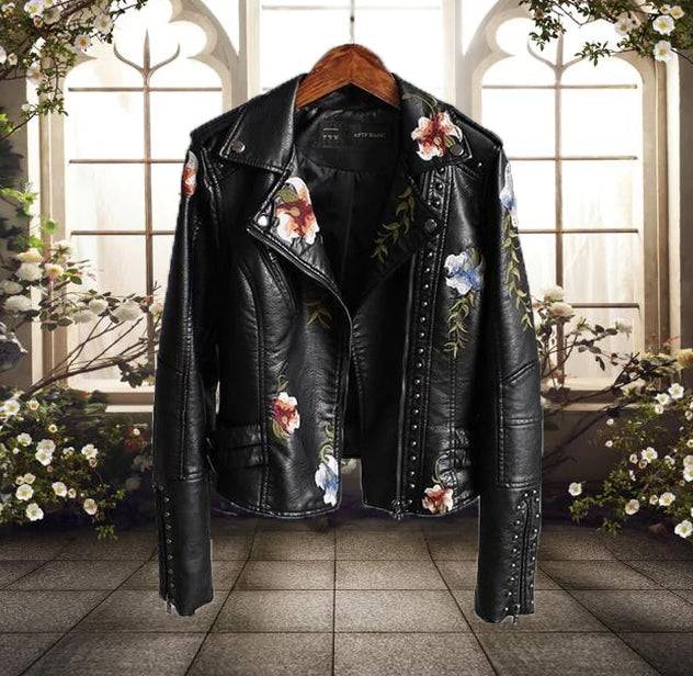 Women's Floral Print Motorcycle Jacket - Vonnera