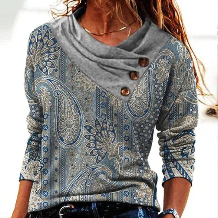 Women's Long Sleeve Cowl Neck Printed Blouse - Vonnera