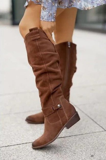 Women's Knee-High Boots Low Heel Side Zip Black