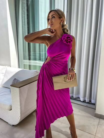 Image of Jamie | Women's One Shoulder Pleated Midi Dress