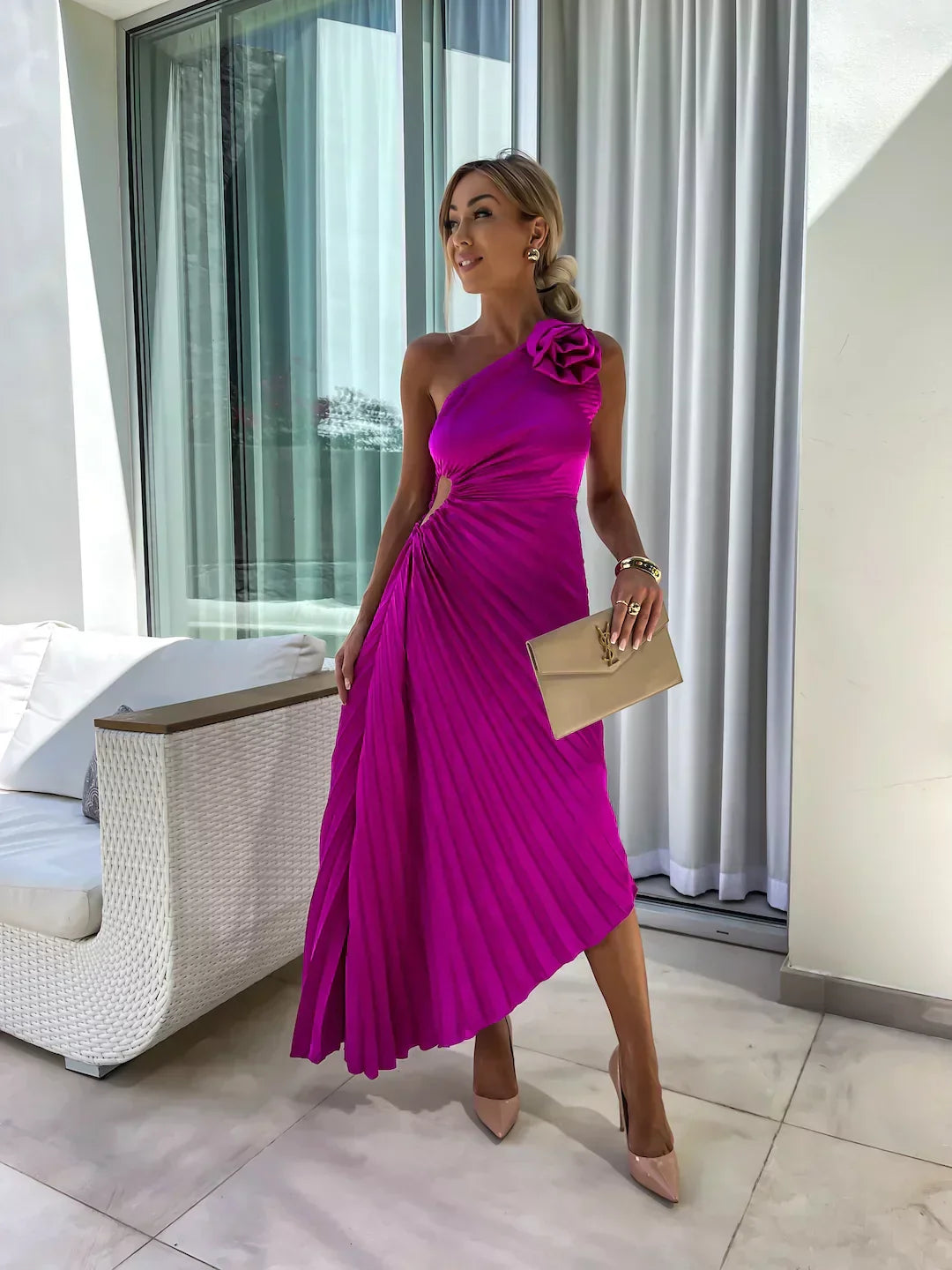 Image of Jamie | Women's One Shoulder Pleated Midi Dress