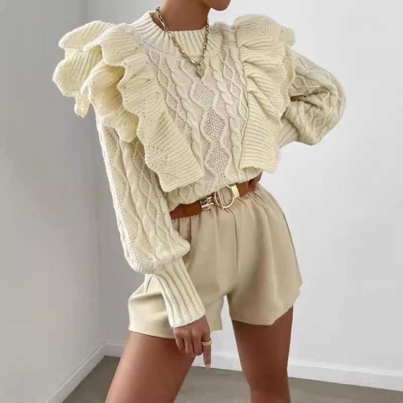 Women's Cable Knit Ruffle Sweater Long Sleeve - Vonnera
