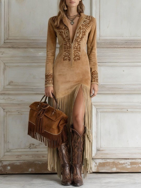 Women's Suede Fringe Maxi Dress