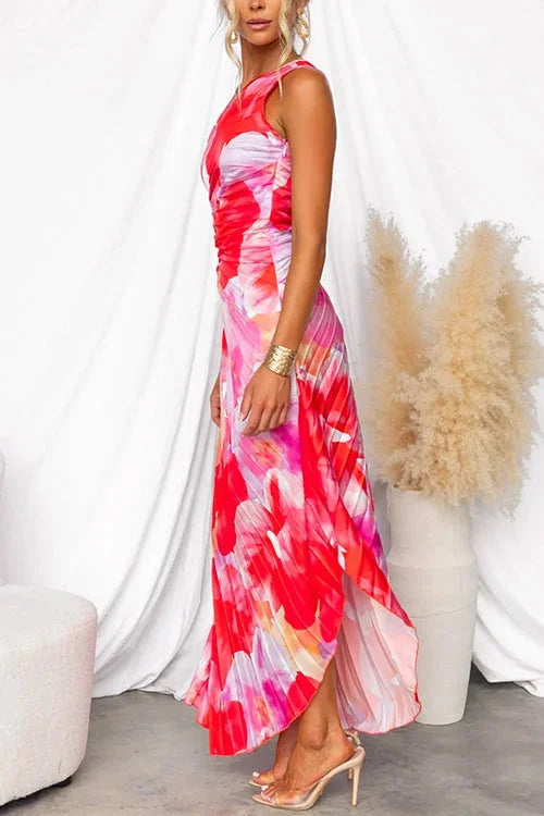 Women's One-Shoulder Maxi Dress Red Floral