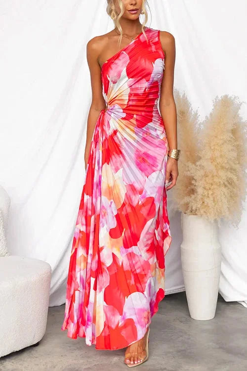 Women's One-Shoulder Maxi Dress Red Floral - Vonnera