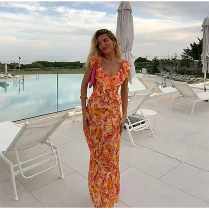 Women's Floral Maxi Dress V-Neck Ruffle