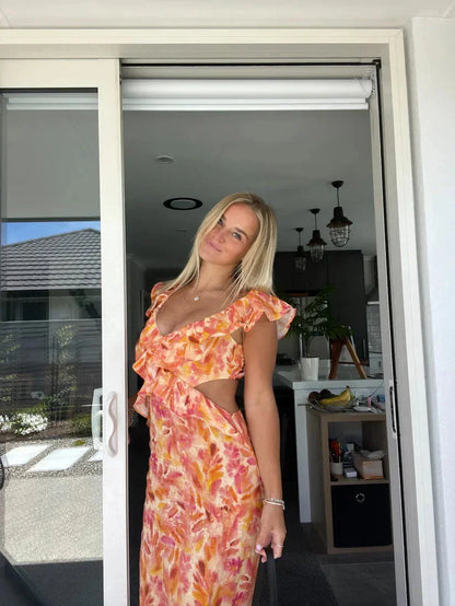Women's Floral Maxi Dress V-Neck Ruffle